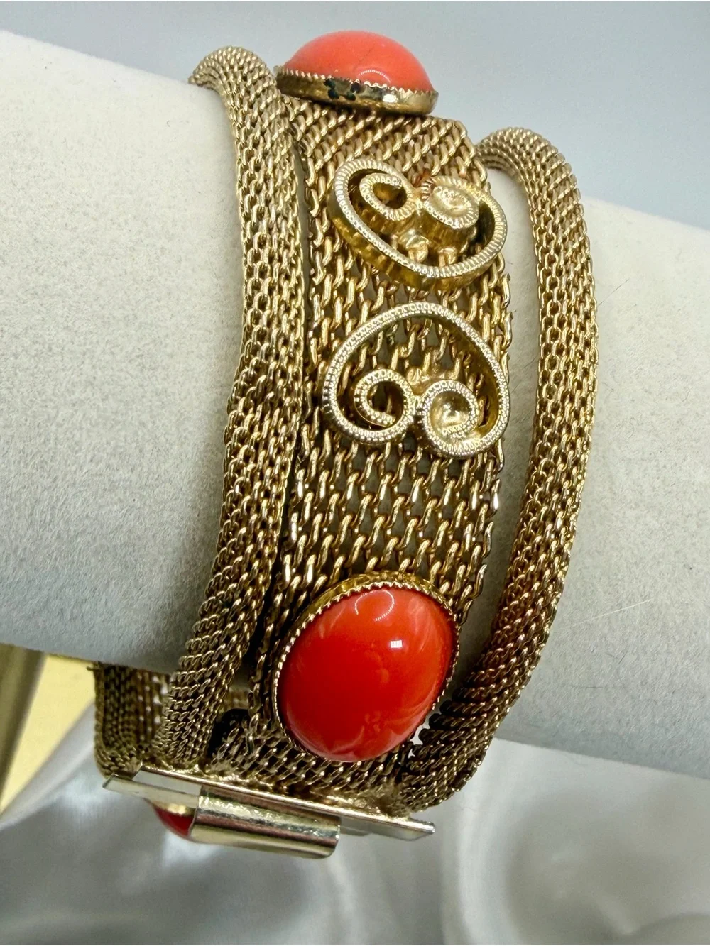 Vintage Gold-Tone Mesh Bracelet with Coral Orange Cabochons & Filigree Hearts